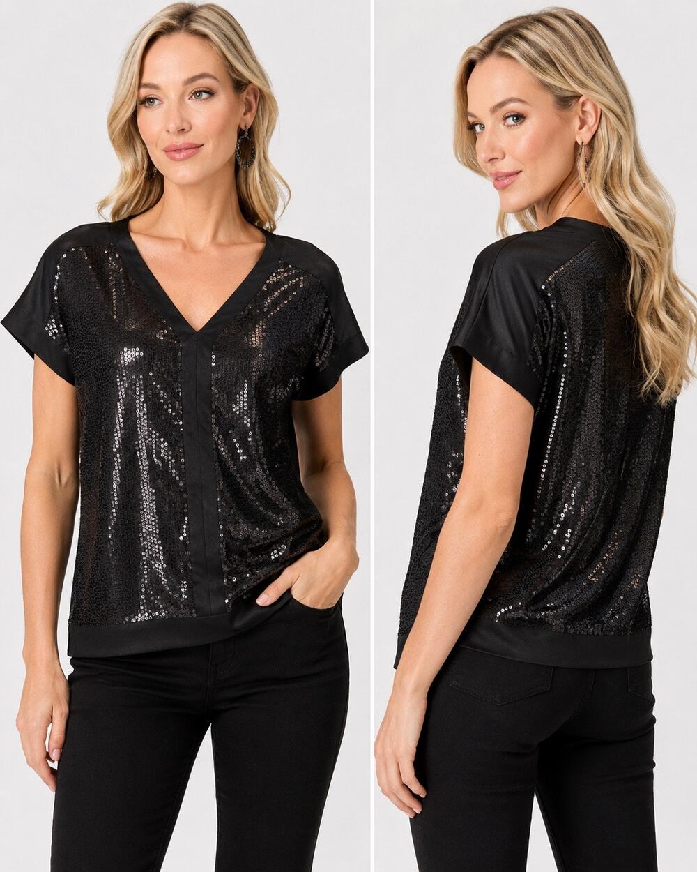 Greylin Black Sequin Front Blouse | Satin Back | V-Neck Short Sleeve Top Size M